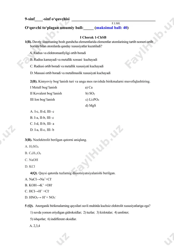 9-sinf kimyo 1-chsb 1-variant@summativ_formativ_baholash — PDF