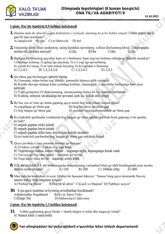 9 ona tili va adabiyoti savollar uzb — PDF