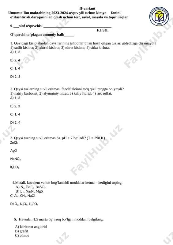 9-sinf-kimyo-2-v — DOCX