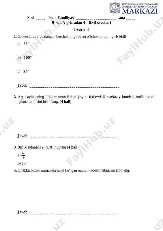 ii chorak. 9 sinf 4-bsb algebra umumtalim i variant — PDF