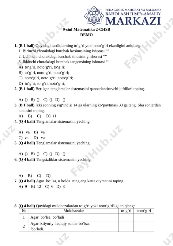9 sinf matematika umumtalim chsb 2 demo — DOCX