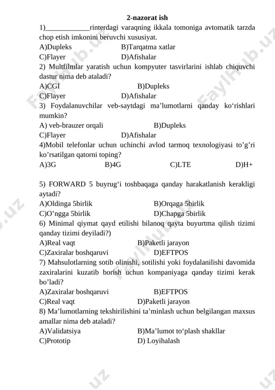 9-sinf informatika 2-chorak nazorat ishi — DOCX