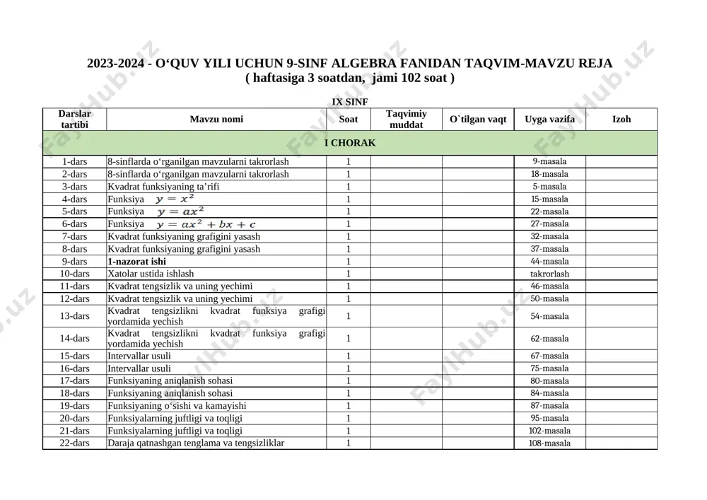 2023-2024. 9-sinf algebra. ish reja — XLSX