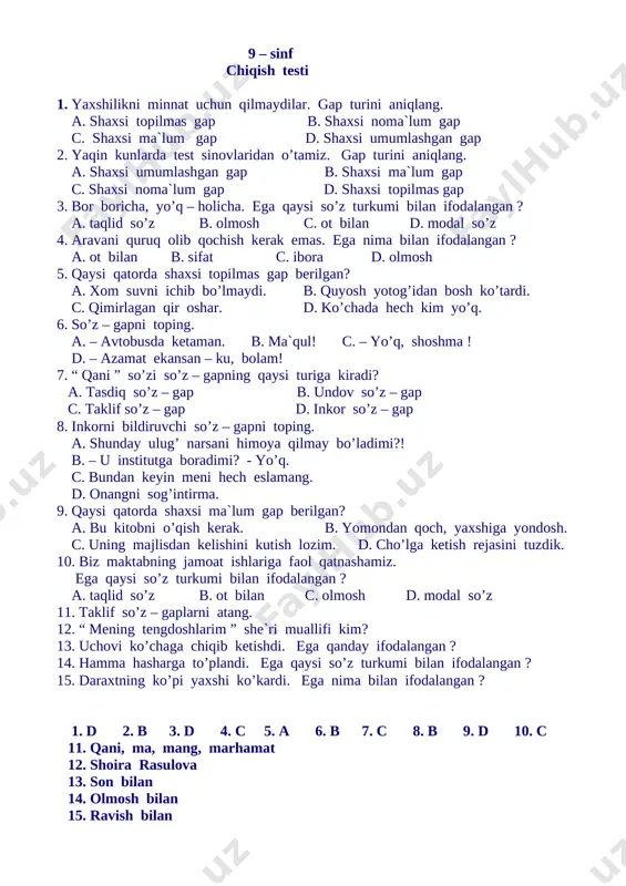 @respublika_filologlari. o‘zbek tili 9-sinf chiqish testi — DOCX