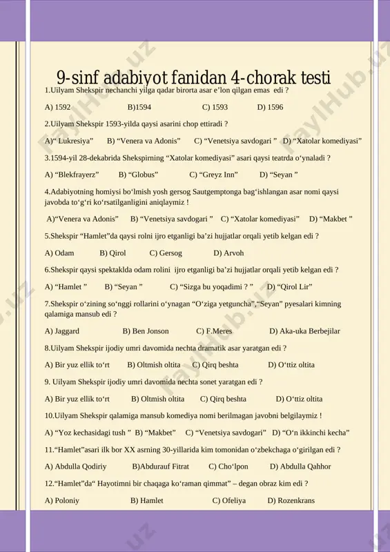 yangi test 9-sinf adabiyot fanidan — DOCX