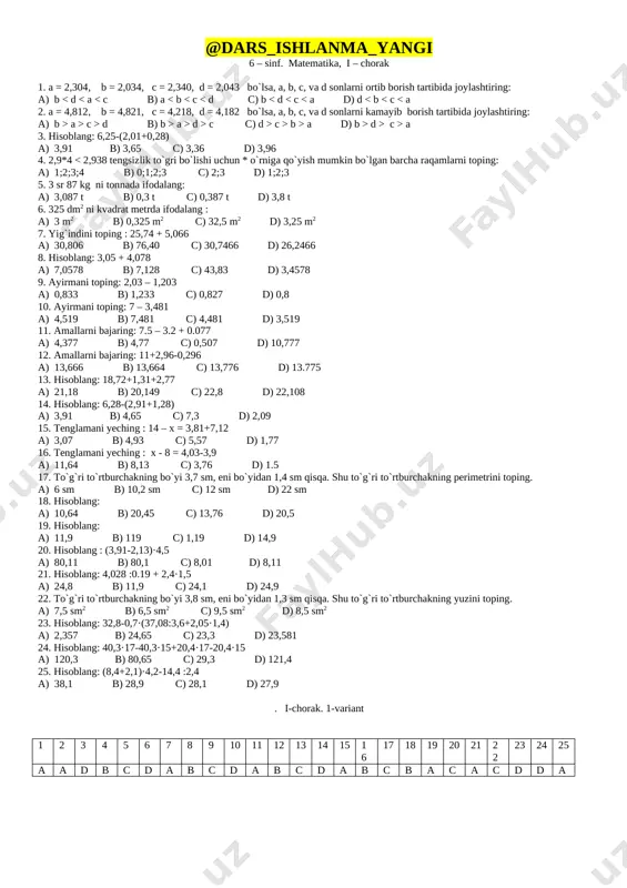 6-sinf matematika test 1-4-chorak (javoblari bilan)+ — DOCX