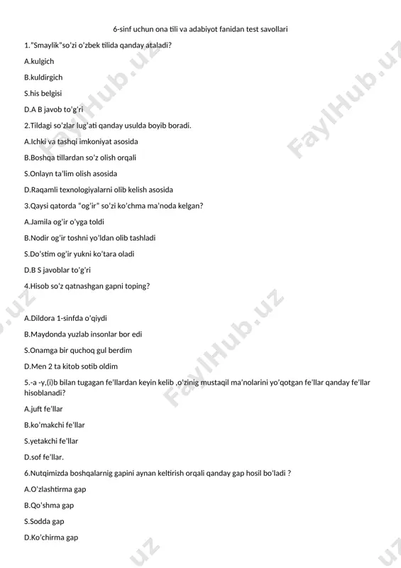 6- sinf chorak testi ona tili — DOCX