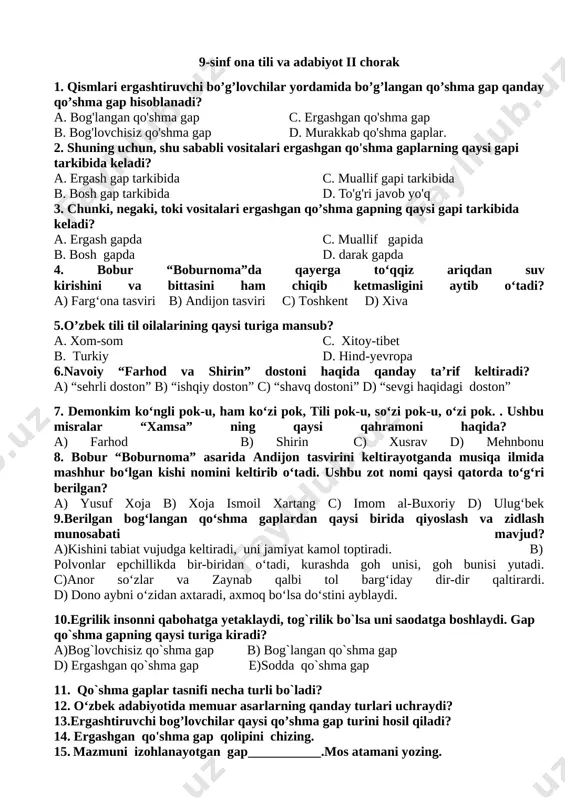 9 sinf ona tili va adabiyotdan test (1) — DOCX