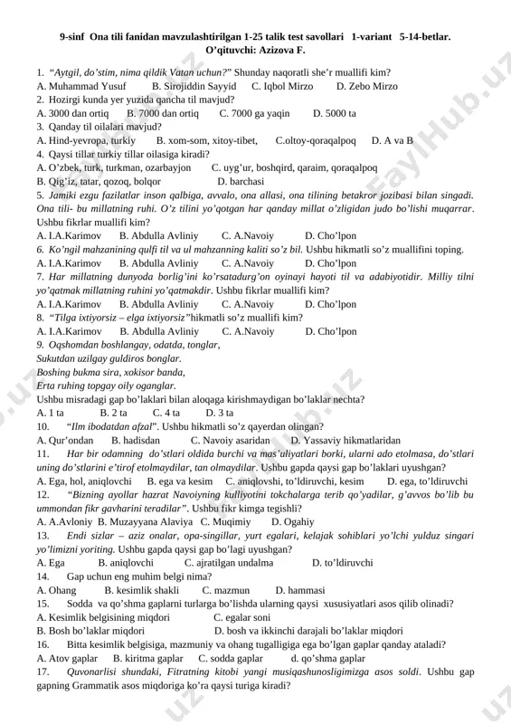 9-sinf ona tili test — DOCX