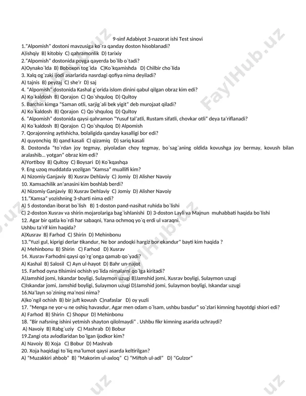9-sinf adabiyot 1-chorak yaangi test — DOCX