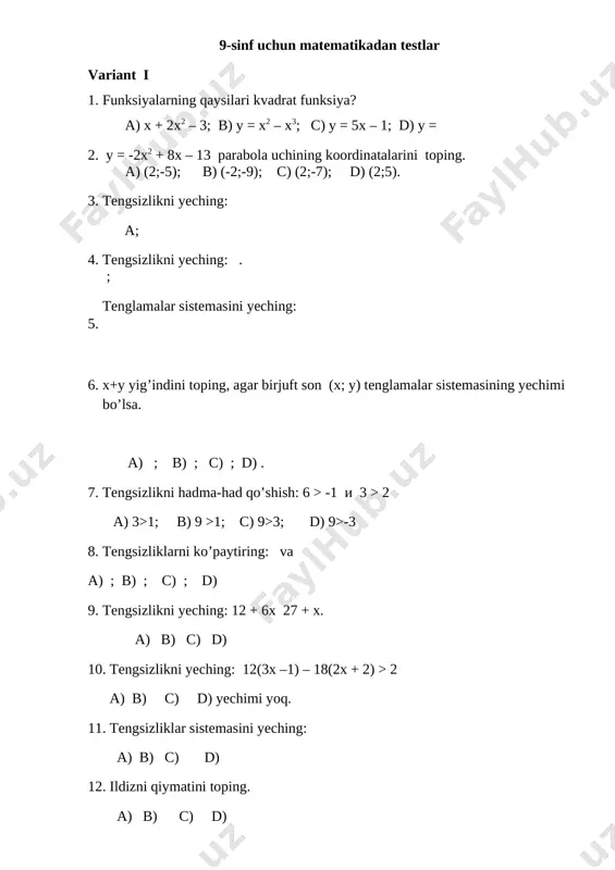 9-sinf_uchun_matematikadan_testlar — DOCX