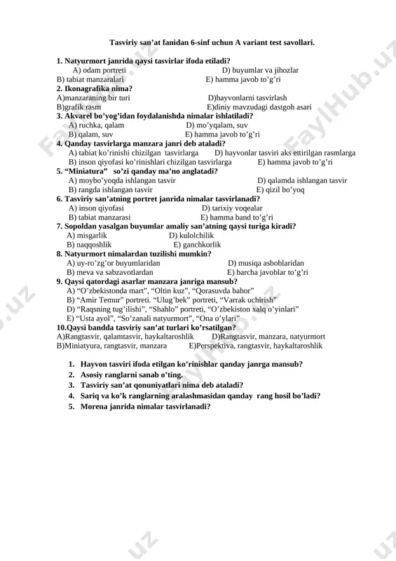 tasviriy san'at test 6-sinf — DOCX