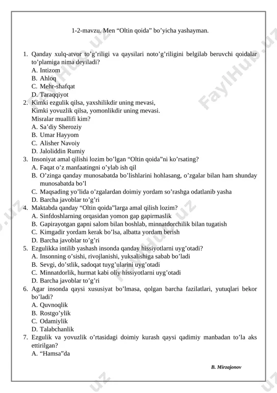 6-sinf tarbiya. mavzulashgan testlar — DOCX