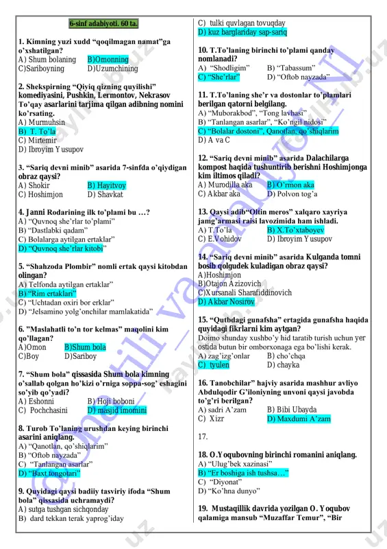 6-sinf adabiyotdan 60 ta test_javobli — PDF