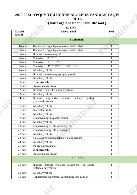 2022-2023. kalendar reja 9-sinf algebra — XLSX