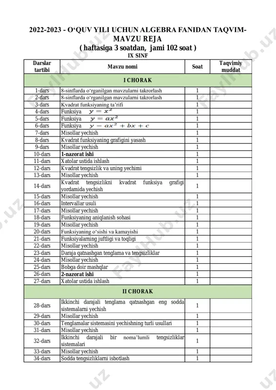 2022-2023. kalendar reja 9-sinf algebra — PDF