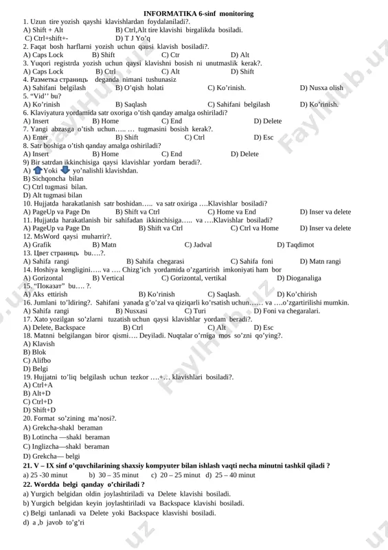 informatika 6-sinf monitoring 61245 — DOCX