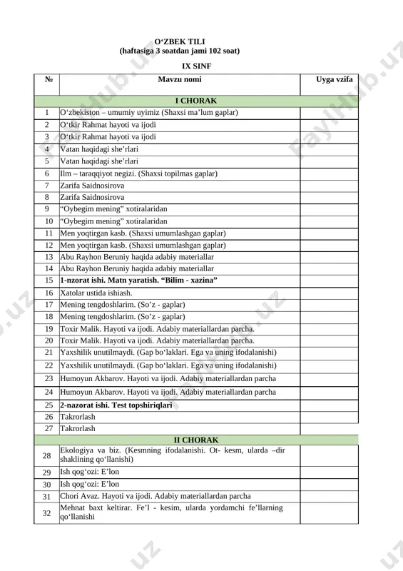 9-sinf o'zbek tili — XLSX