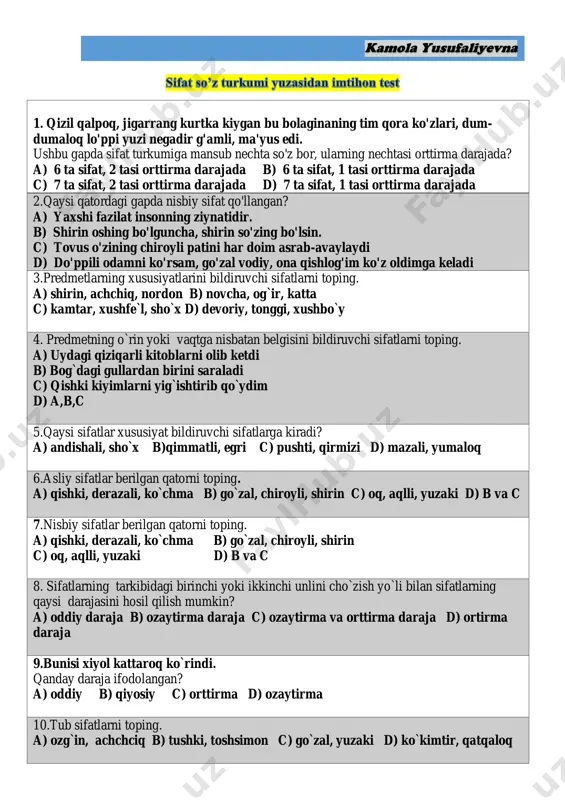 sifat so'z turkumi test — PDF