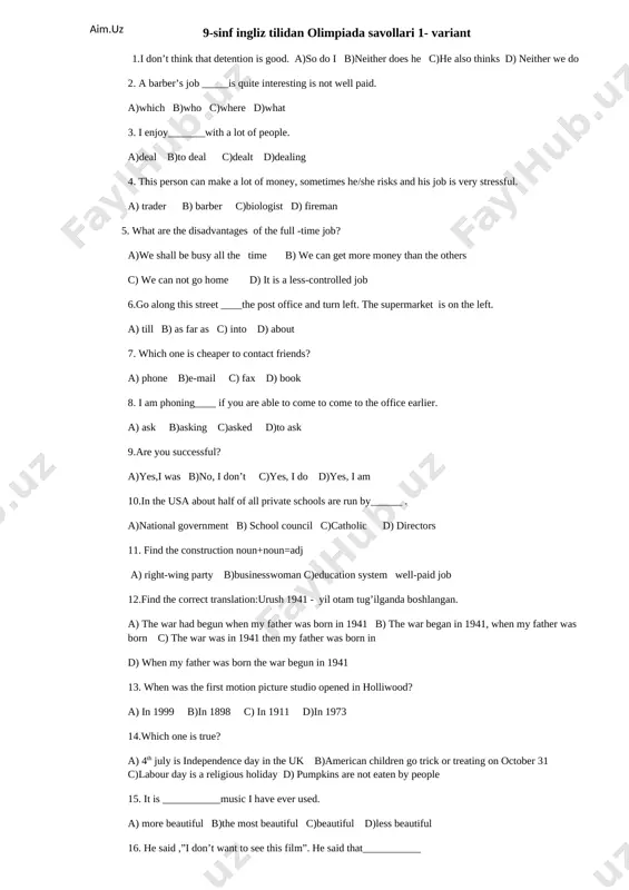 9-sinf ingliz tilidan olimpiada savollari — DOCX