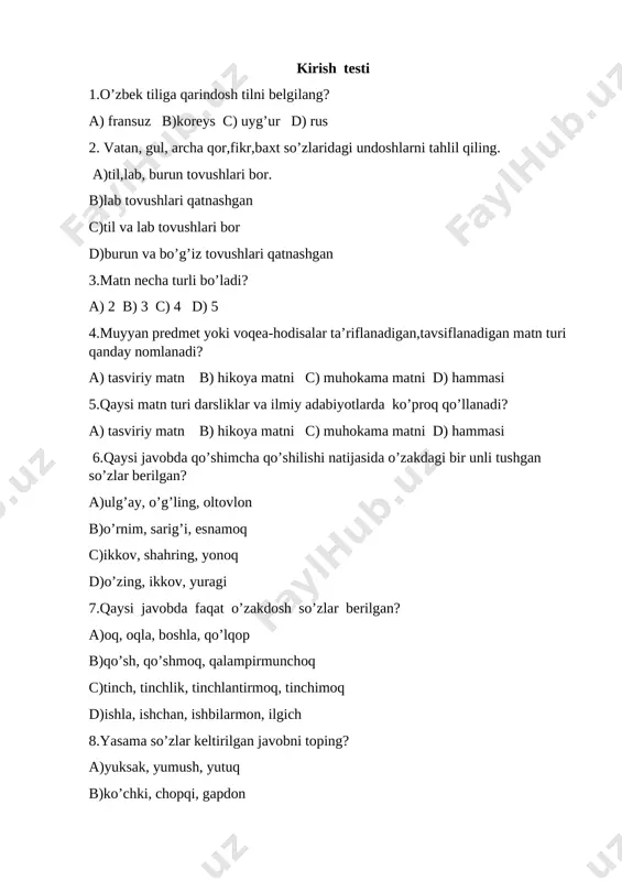 6-sinf kirish-chiqish testi — DOCX