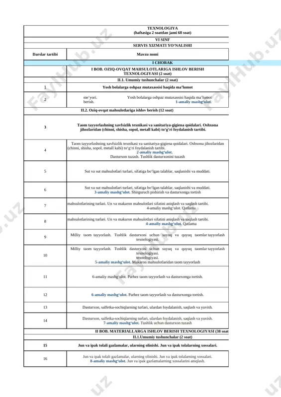 6-sinf 2-yo'nalish texnologiya — XLSX
