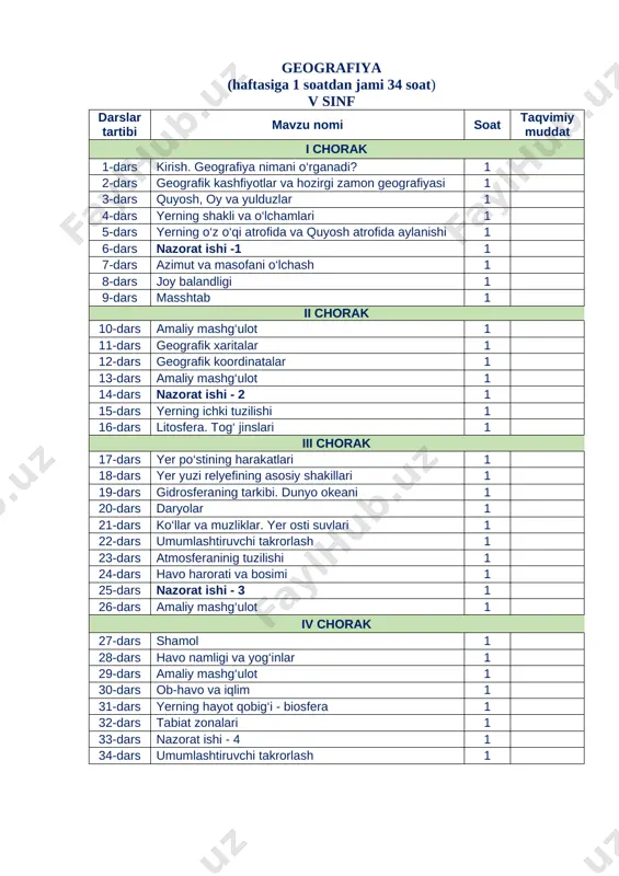 5-sinf geografiya taqvim 2023 — DOCX