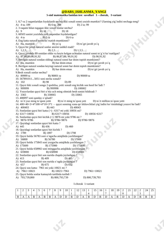 5-sinf 1-4-chorak test+++++ — DOCX