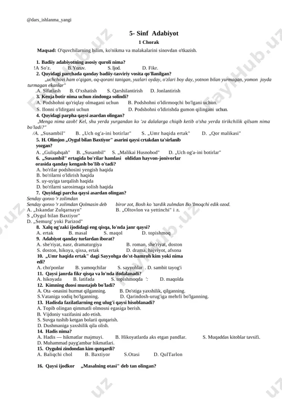 5-sinf adabiyot 1-4-chorak test (javoblari bilan)+ — DOCX