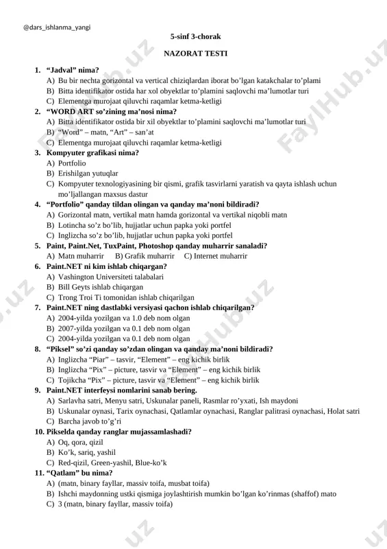 5-sinf informatika 3-chorak testi 2023+ — DOCX