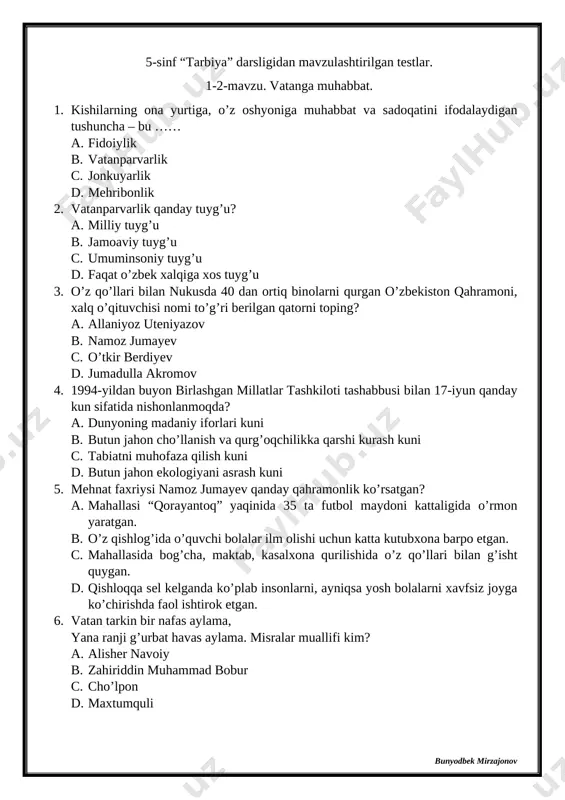 5-sinf tarbiya. mavzulashtirilgan testlar — DOCX