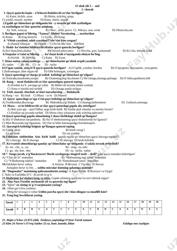5-sinf 1-2-3-4-chorak test — DOCX