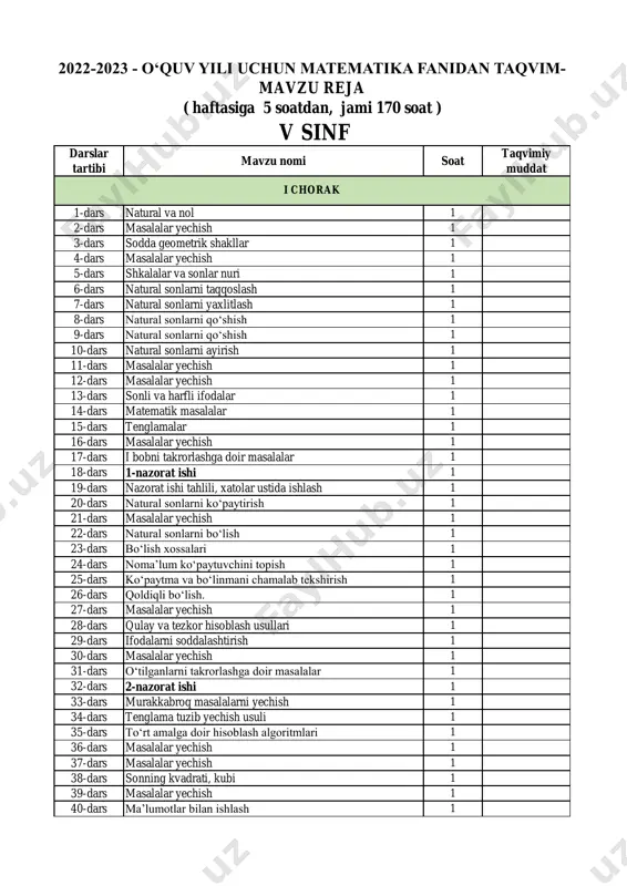 2022-2023. kalendar reja 5-sinf matematika — PDF
