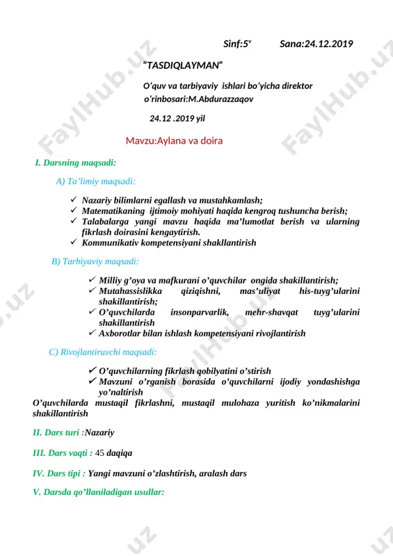 5-sinf aylana va doira .ochiq dars yusupova zebiniso — DOCX