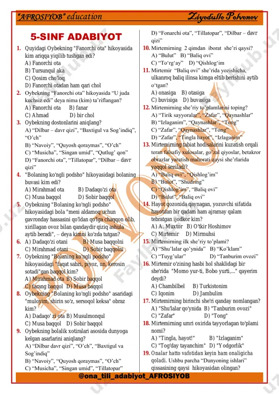 5-sinf adabiyot sinov test. afrosiyob — PDF