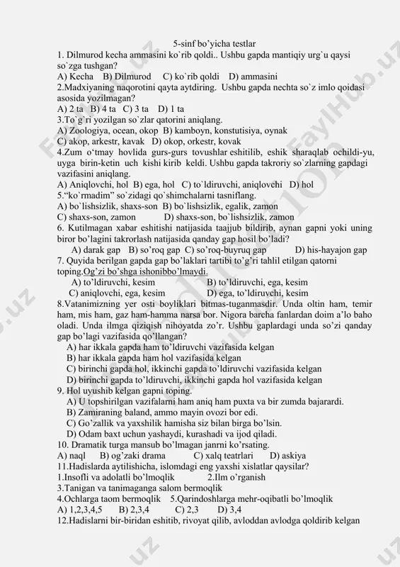 5-sinf bo'yicha testlar — PDF