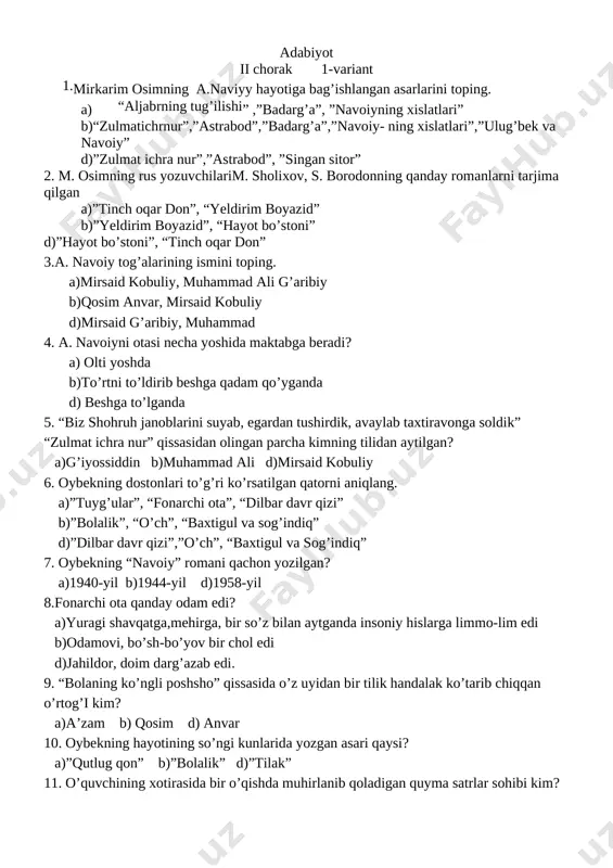 ona tili adabiyot 5-sinf test variantli — DOCX
