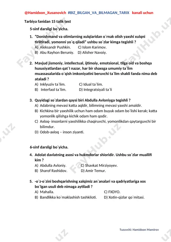 tarbiya fanidan 15 talik test — DOCX