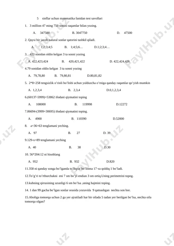 5 sinf uchun matematika fanidan test savollari — DOCX
