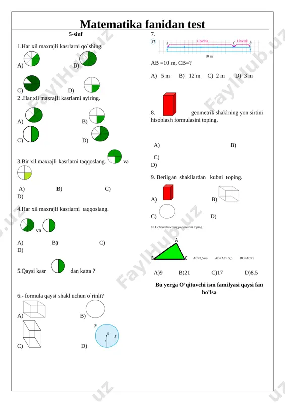 5 sinf test matematika — DOCX