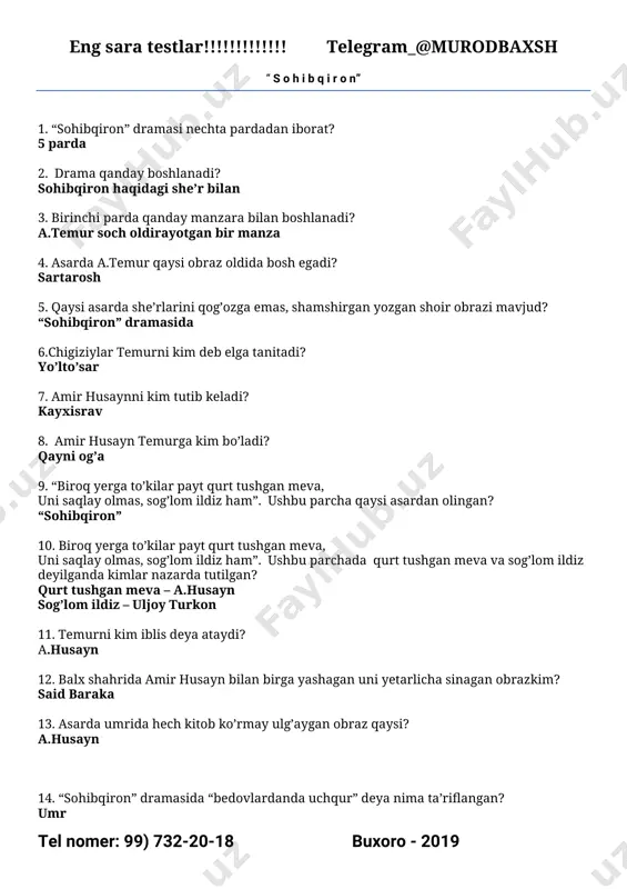 badiiy asarlar savol-javob baza — PDF