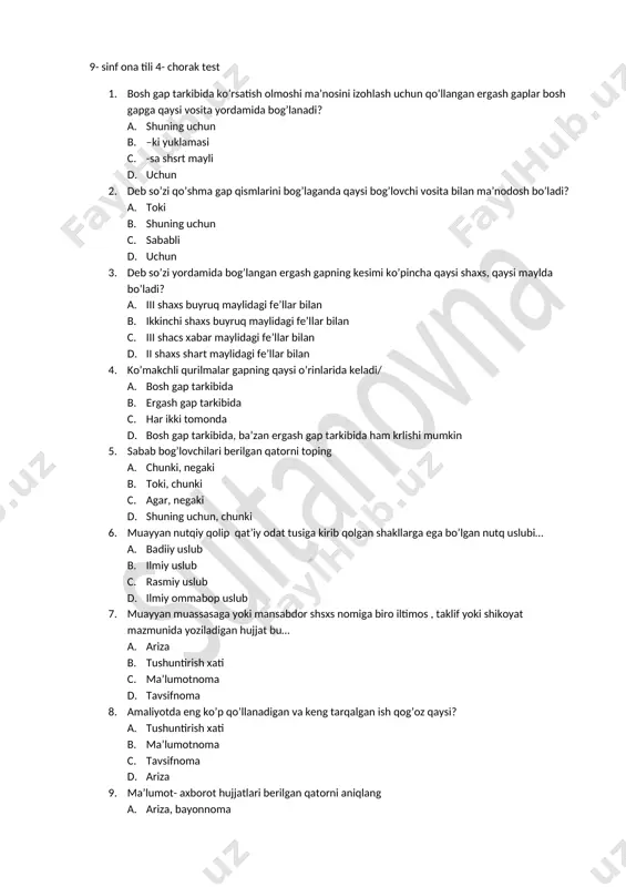 9 ona tili test 4-chorak. kumush yangi — DOCX