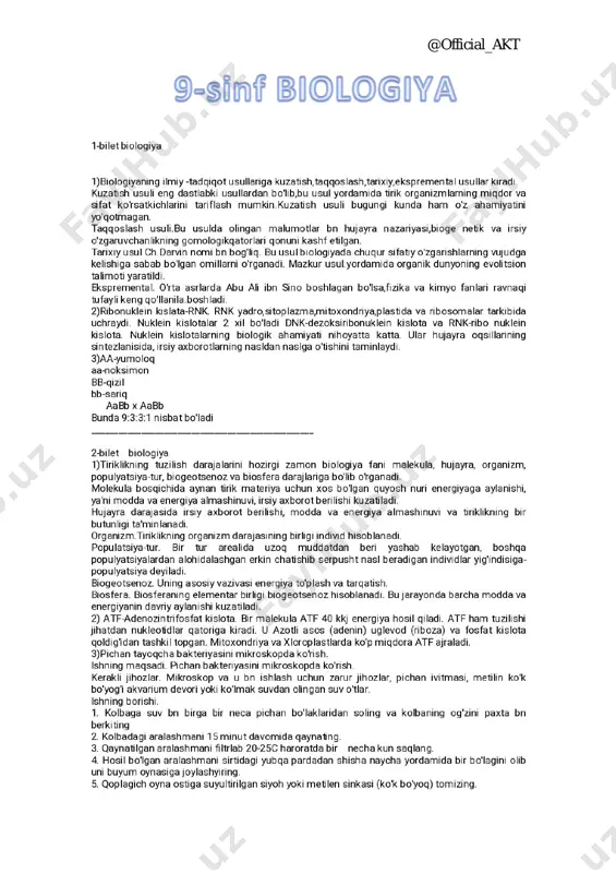 @official_akt 9-sinf biologiya javoblar 2021 to'liq — PDF