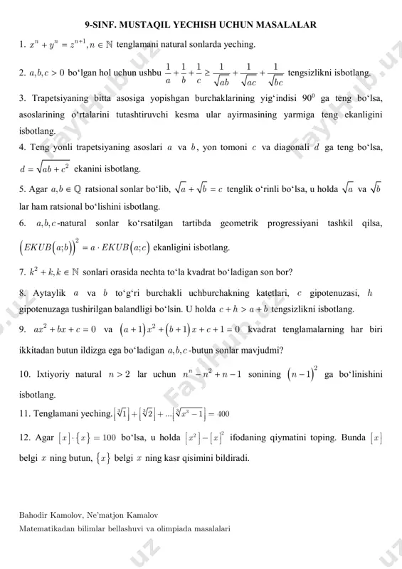 mustaqil yechish uchun 9-sinf — PDF
