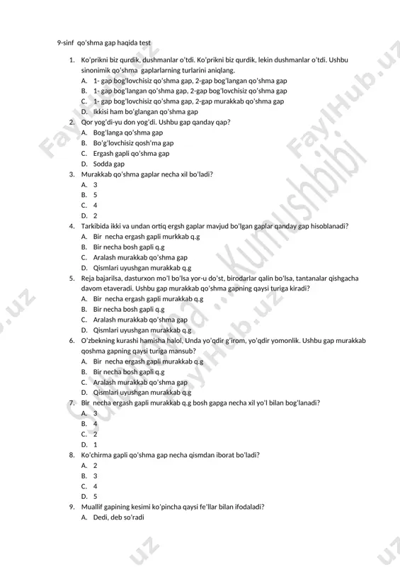 9. qo'shma gap haqida test. kumush — DOCX