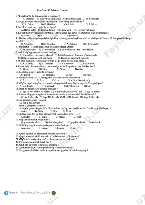 9-sinf ona tili fanidan test savollari kitobi — ZIP