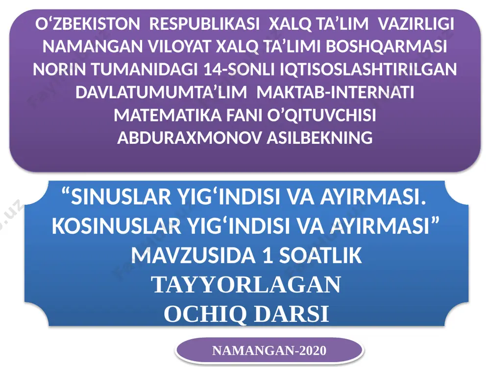 sinus va kosinuslar yig'indisi va ayirmasi — PPTX