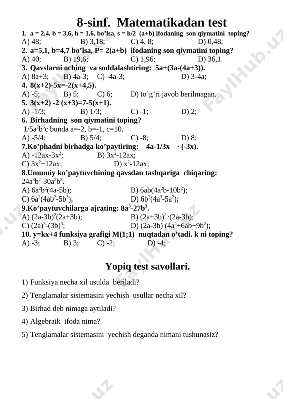 8-9 sinf matematikadan test — DOCX