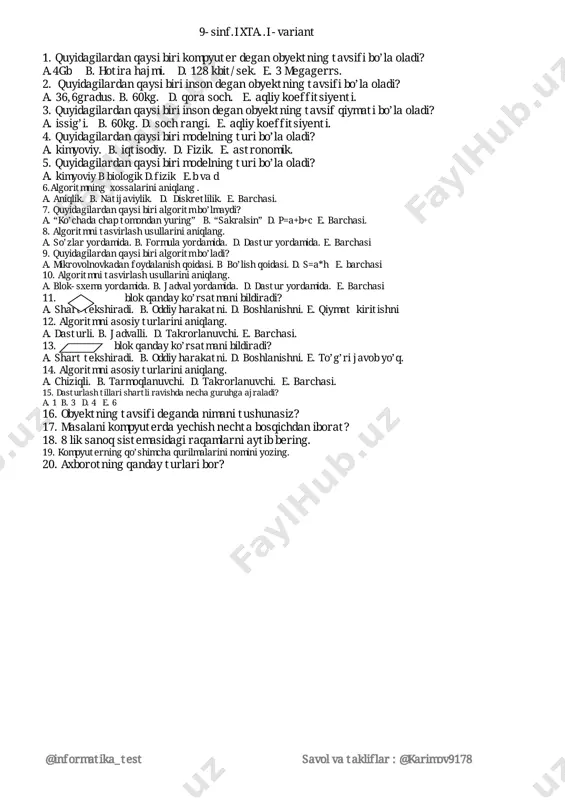 informatika 9-10-11 sinf test — PDF