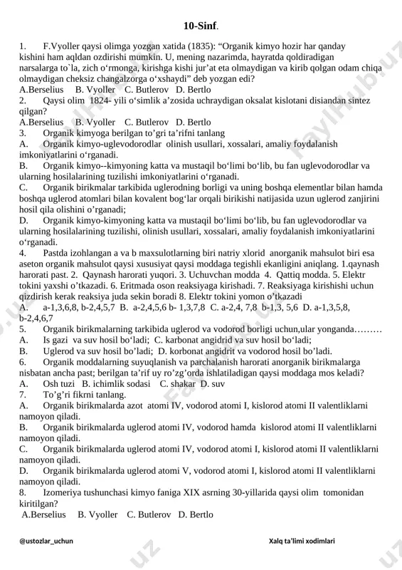kimyo. 9-11 sinf test — DOCX